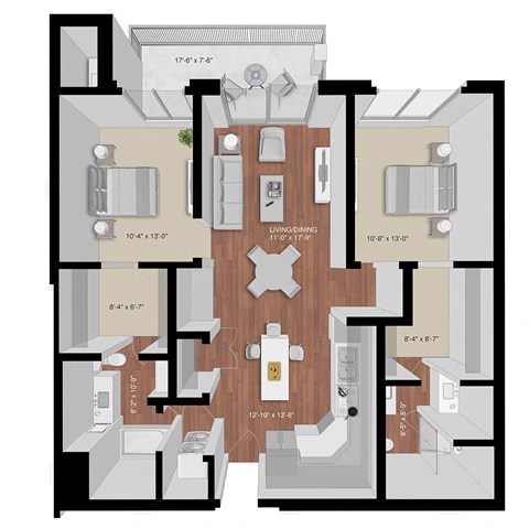 Floor plan for 2 beds, 2 baths, 1122 sqft
